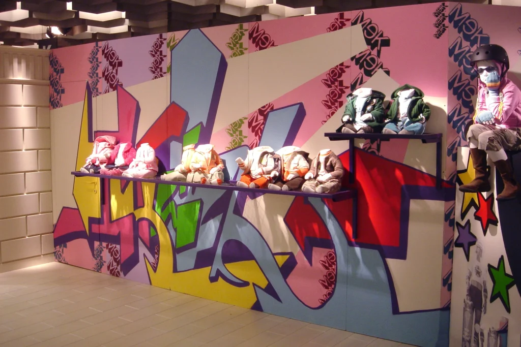 Installazione graffiti colorata con manichini per vetrina moda bambini MEK, Pitti Firenze 2005