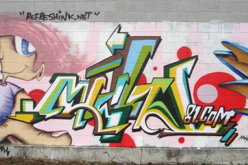 Graffiti 3D dai toni freddi con linee geometriche su fondo tricolore, Busto Arsizio 2006.