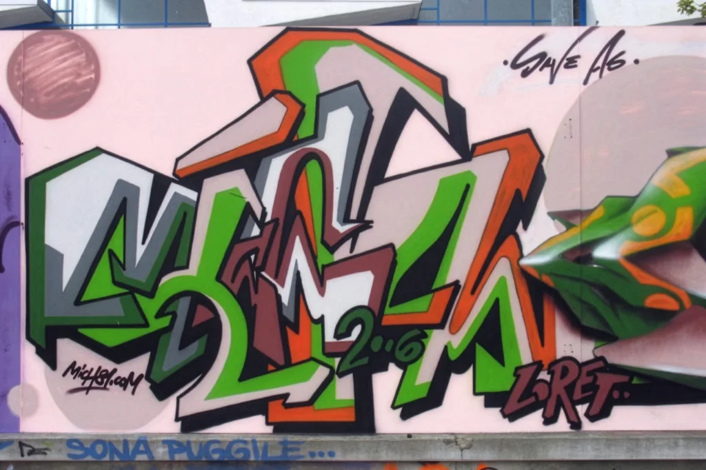 Graffiti tridimensionale verde e arancio su fondo rosa, firmato Mich81, 2006.