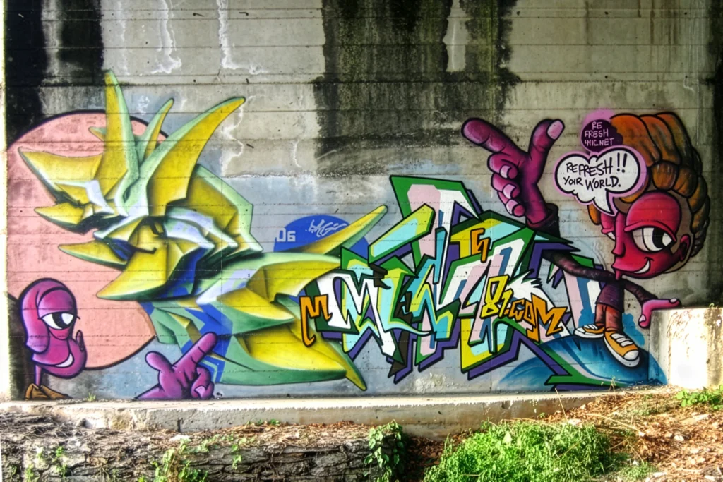 Murale con graffiti e figure tridimensionali gialle e personaggi cartoon, Luino 2006.