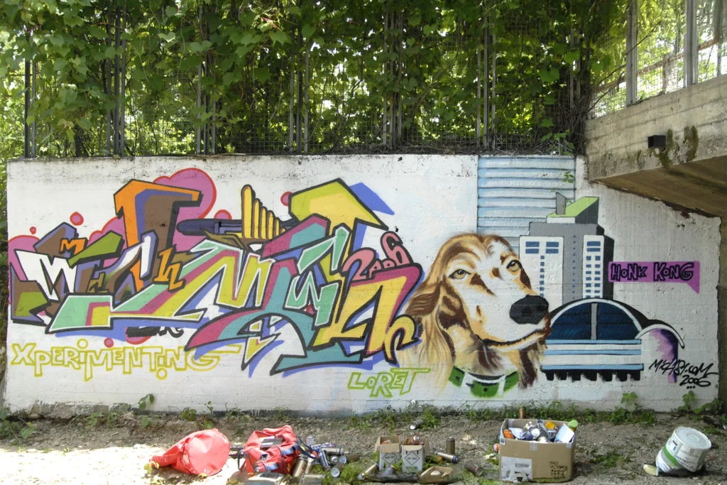 Murale con lettering colorato, ritratto realistico di cane e skyline, Tradate 2006.