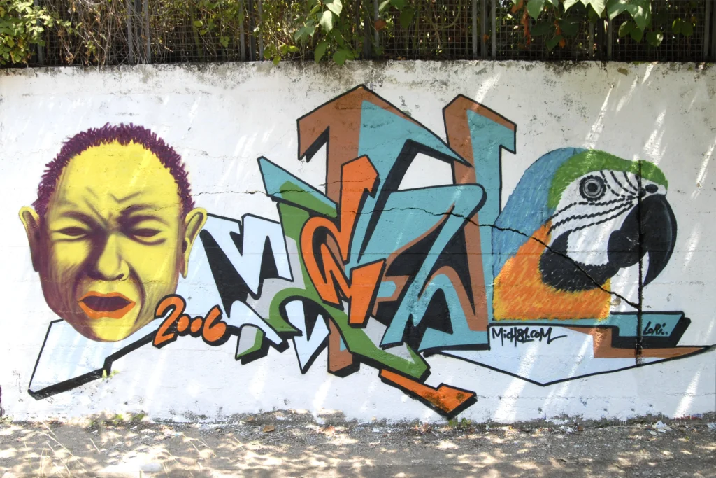 Murale con ritratto colorato e pappagallo accanto a lettering geometrico, Tradate 2006.