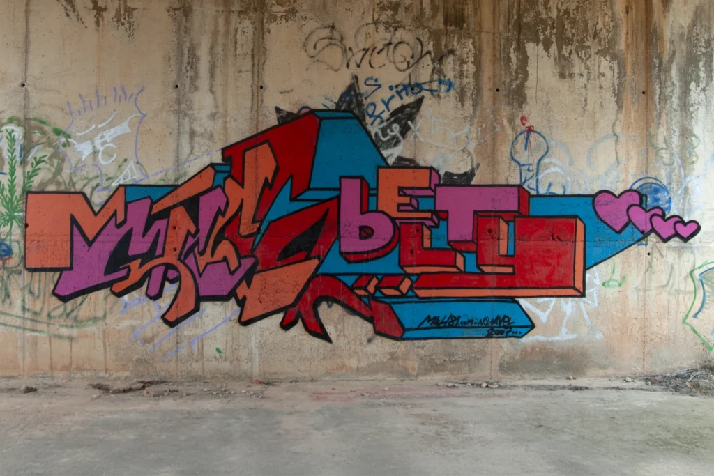 Graffiti colorato con lettering rosso, viola e azzurro su muro grezzo, Mallorca 2007.