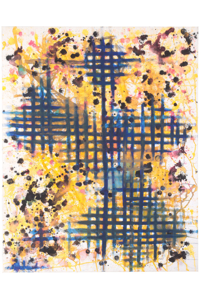 Opera astratta su tela del 1993, composizione a griglia blu su fondo giallo con schizzi e colature nere e cromatiche.