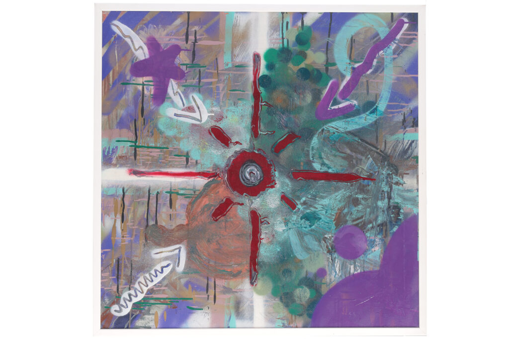 Opera astratta del 1994 con composizione radiale, centro rosso e segni gestuali colorati su fondo materico.