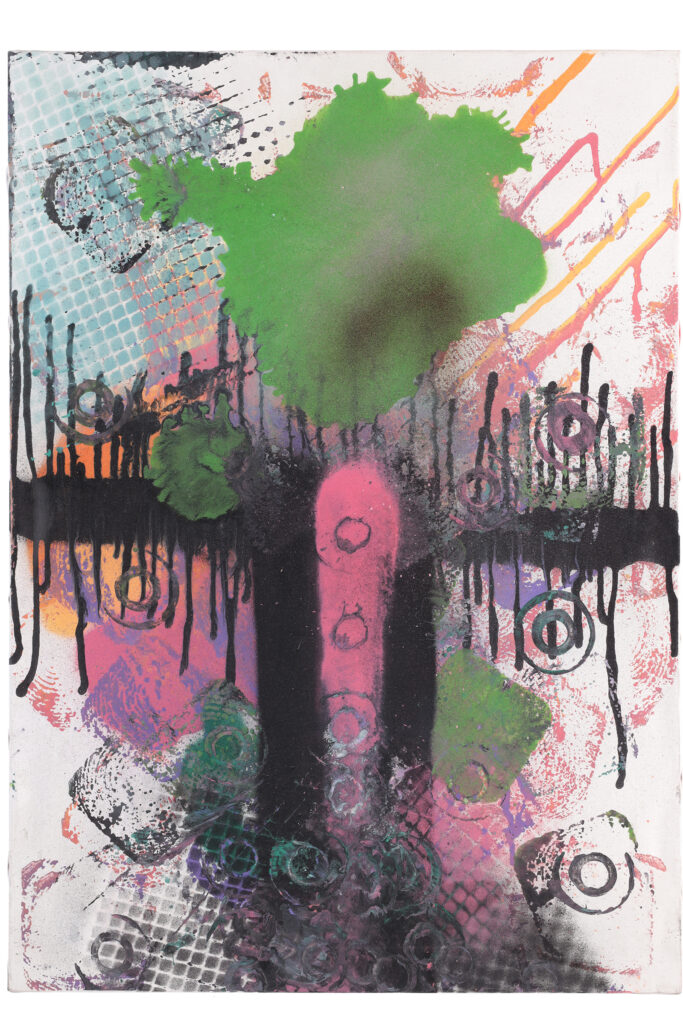 Opera astratta del 1996 con colature nere verticali, macchie verdi e rosa su fondo materico.