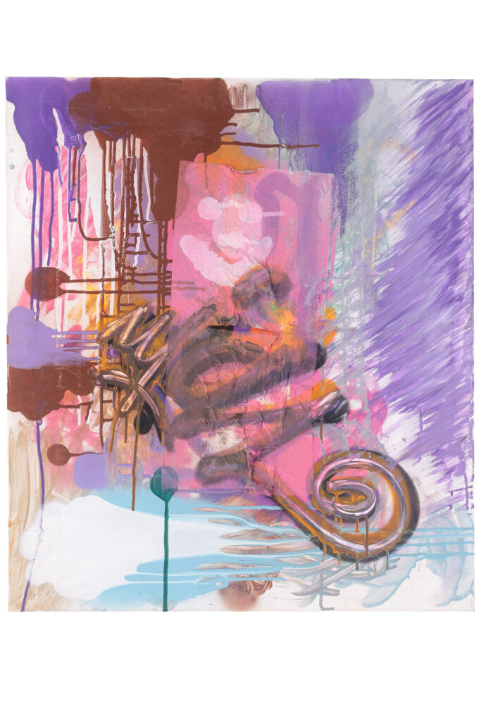 Opera astratta del 1996 con forme fluide, colori pastello e segni gestuali su fondo chiaro.