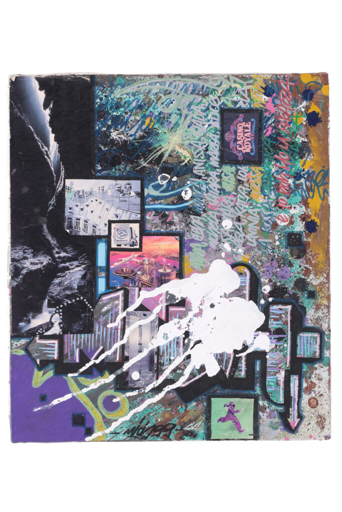 Collage e pittura del 1999 con immagini urbane, segni graffiti e colature bianche.