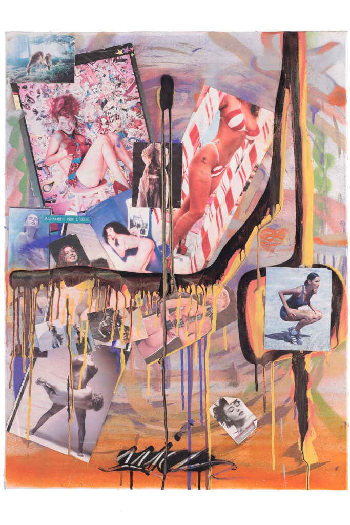 Collage del 1999 con immagini fotografiche, figure femminili e colature di colore su fondo astratto.