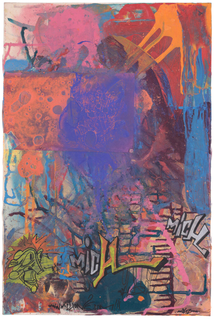 Opera astratta del 2000 con colori accesi, segni graffiti e stratificazioni materiche.