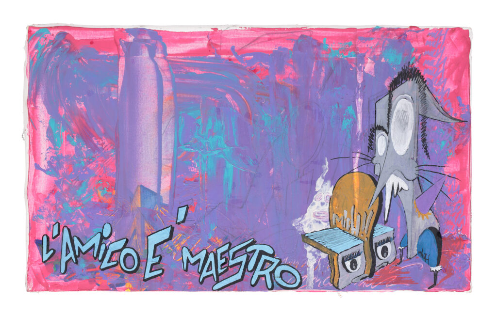 Quadro di street art del 2000 con personaggi stilizzati, lettering graffiti e fondo pittorico astratto.