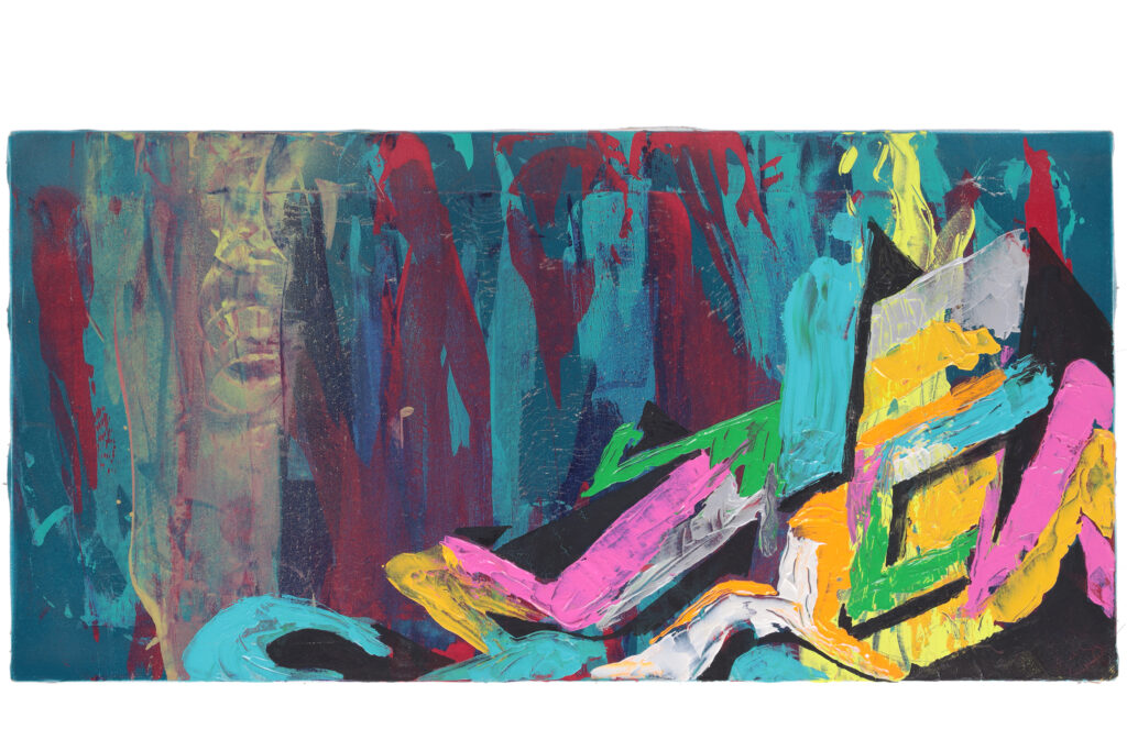 Opera di street art del 2000, pittura astratta orizzontale con colori accesi, segni graffiti e stratificazioni materiche su tela.