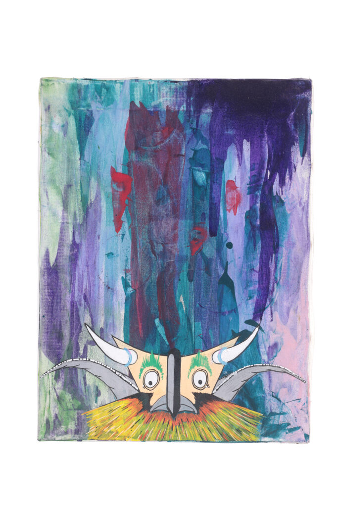 Opera di street art del 2000 con personaggio stilizzato, colori freddi e fondo pittorico astratto.