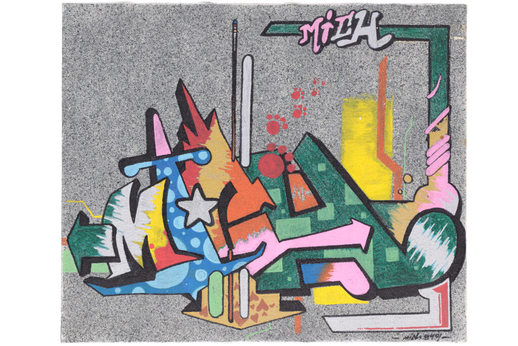 Quadro di street art del 2000 con composizione geometrica, colori saturi e segni graffiti su fondo marmoreo.