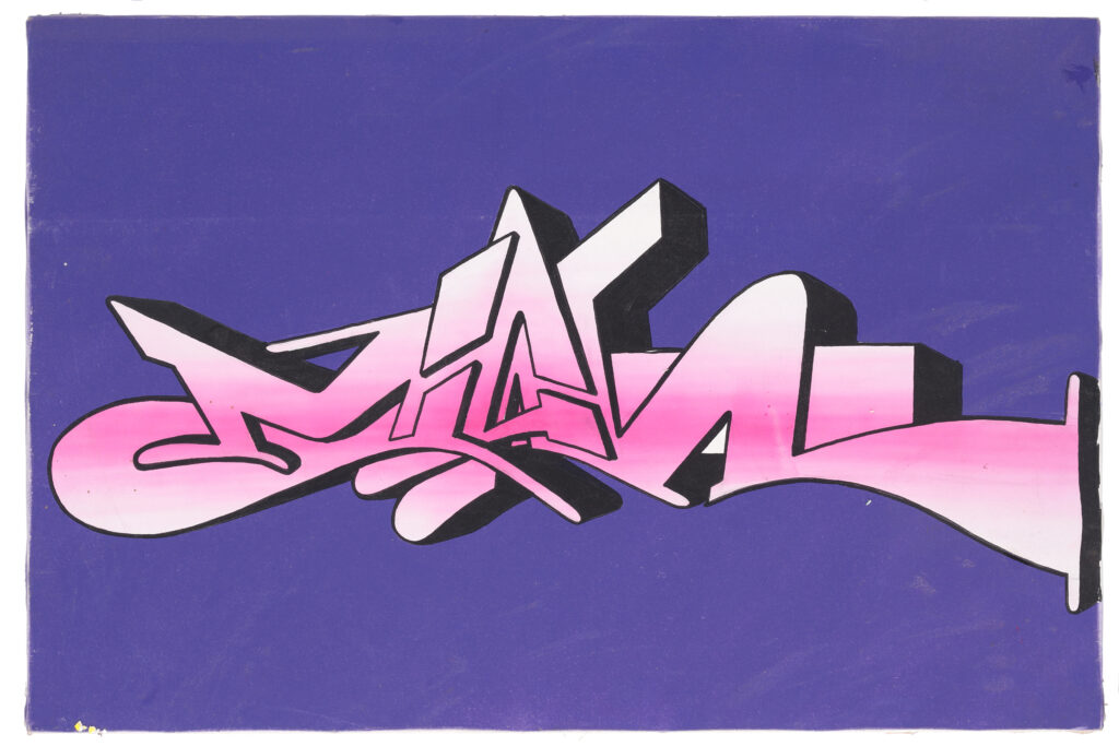 Quadro di street art del 2001 con lettering graffiti rosa su fondo viola uniforme.