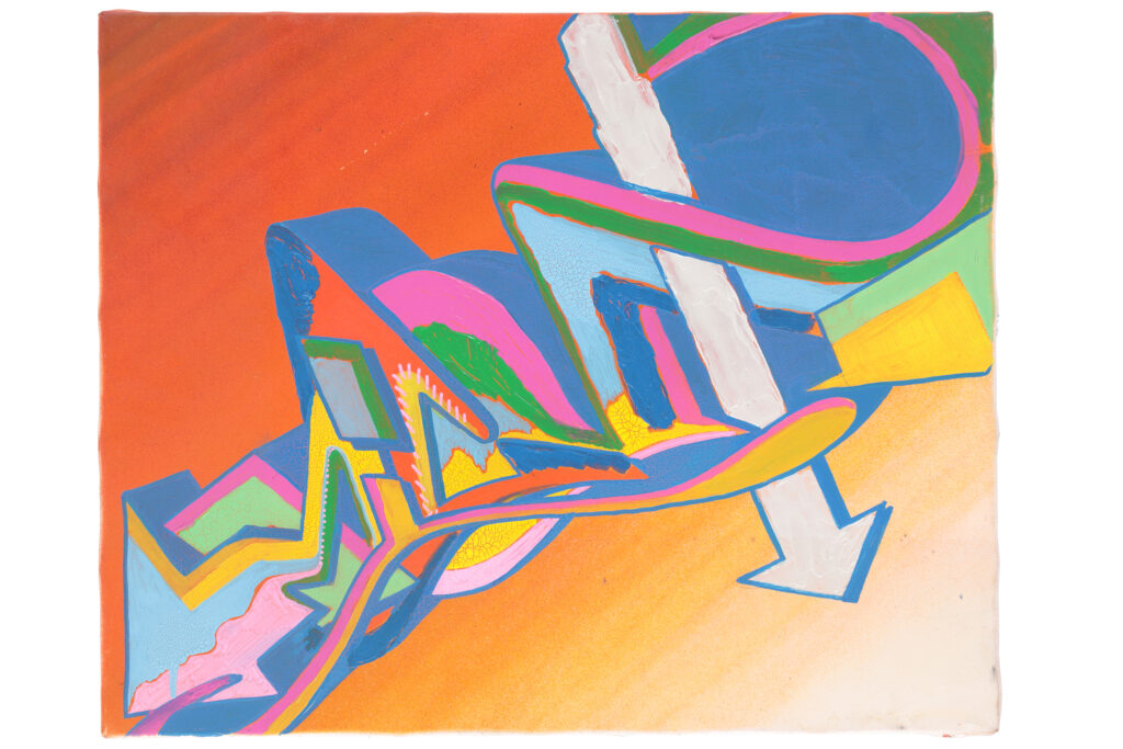 Opera di street art del 2001 con lettering colorato e fondo arancione sfumato.