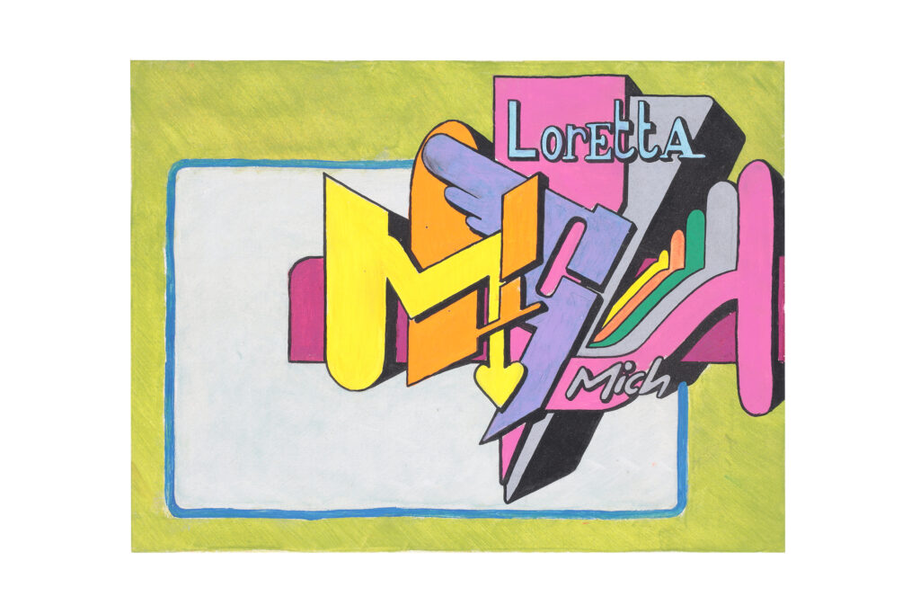 Quadro di street art del 2001 con lettering “Loretta”, colori vivaci e stile graffiti.