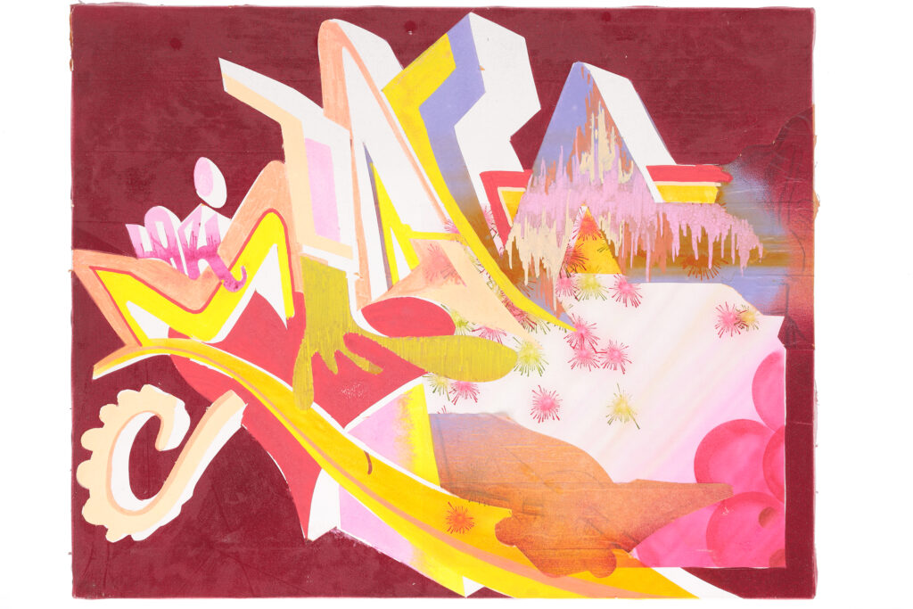 Opera di street art del 2001 con composizione astratta, colori caldi e segni gestuali.