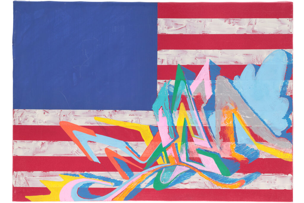 Quadro di street art del 2001 con composizione astratta, colori intensi e stratificazioni pittoriche.