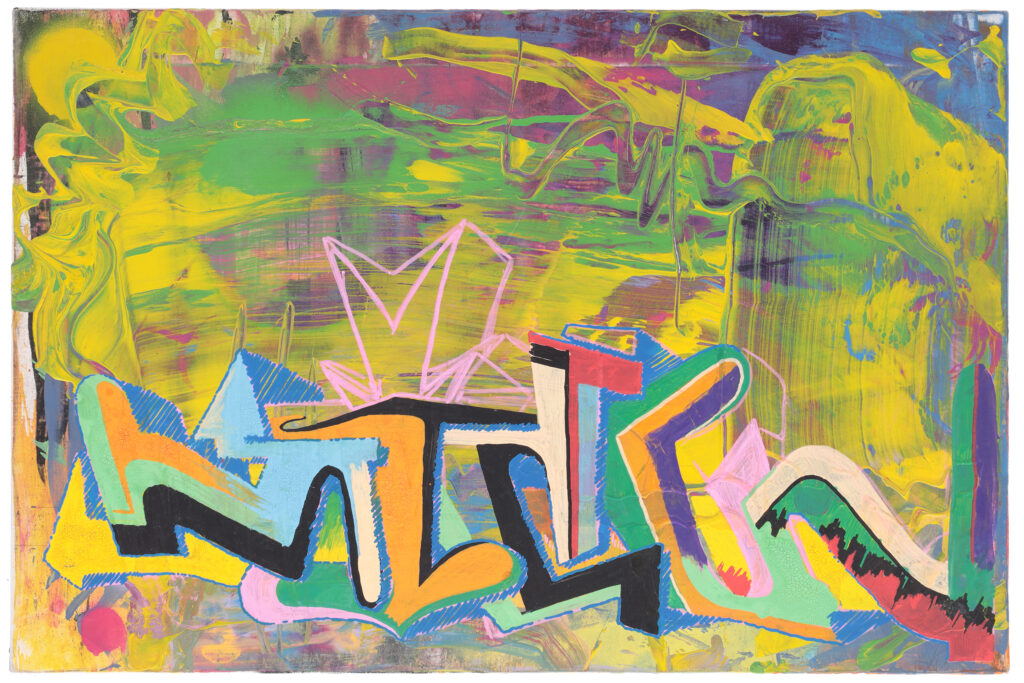 Quadro di street art del 2001 con lettering graffiti multicolore su fondo giallo e verde.