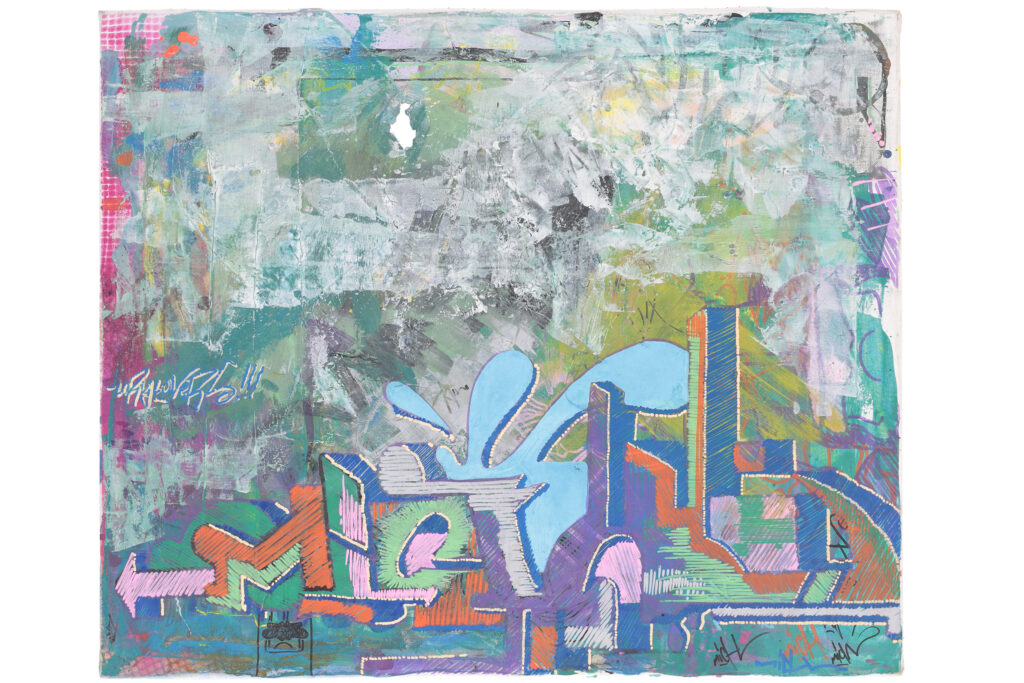 Quadro di street art del 2001 con lettering graffiti colorato, stratificazioni pittoriche e fondo astratto verde e grigio.