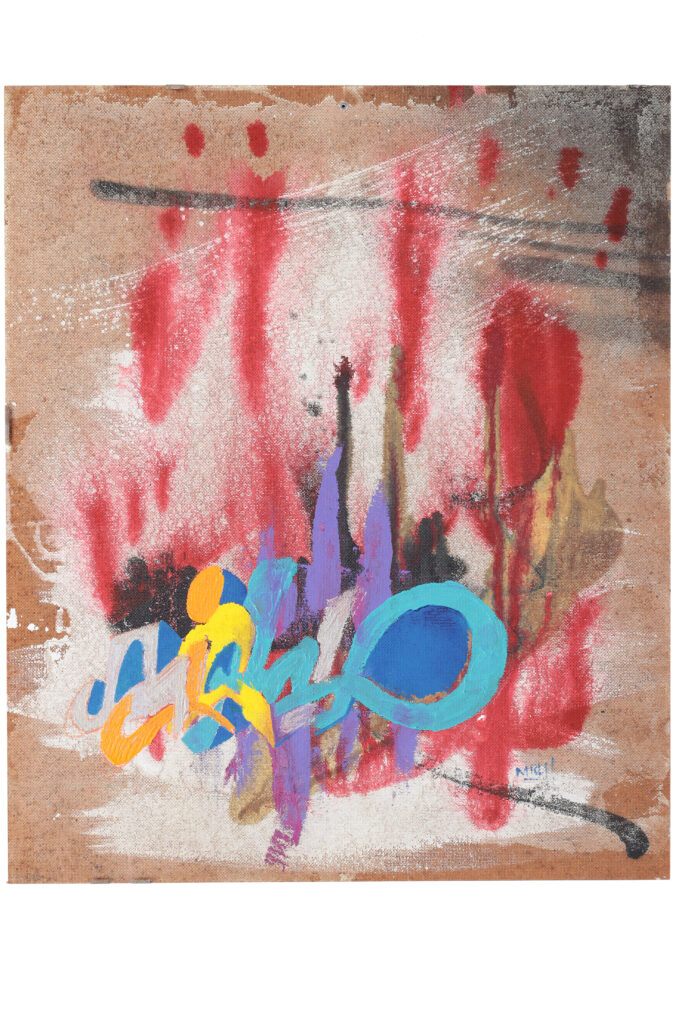 Opera di street art del 2001 con segni gestuali, colature rosse e lettering astratto su fondo materico.