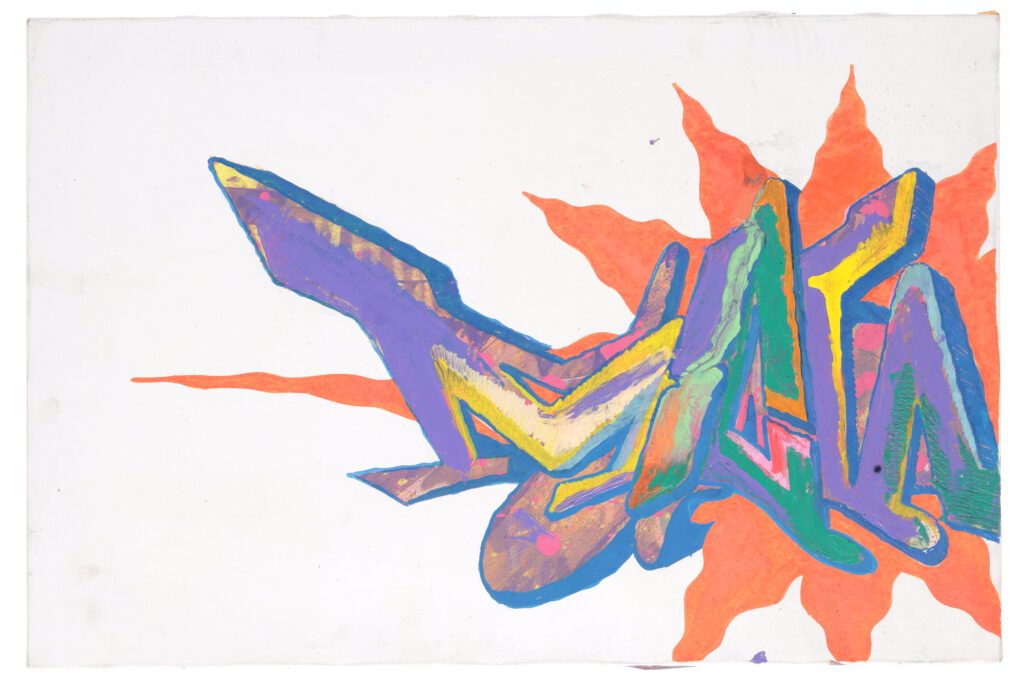 Quadro di street art del 2001 con lettering colorato e composizione asimmetrica su fondo bianco.