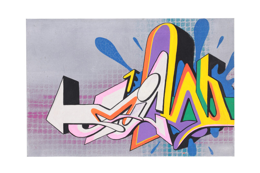 Opera di street art del 2002 con lettering multicolore e segni grafici su fondo chiaro.