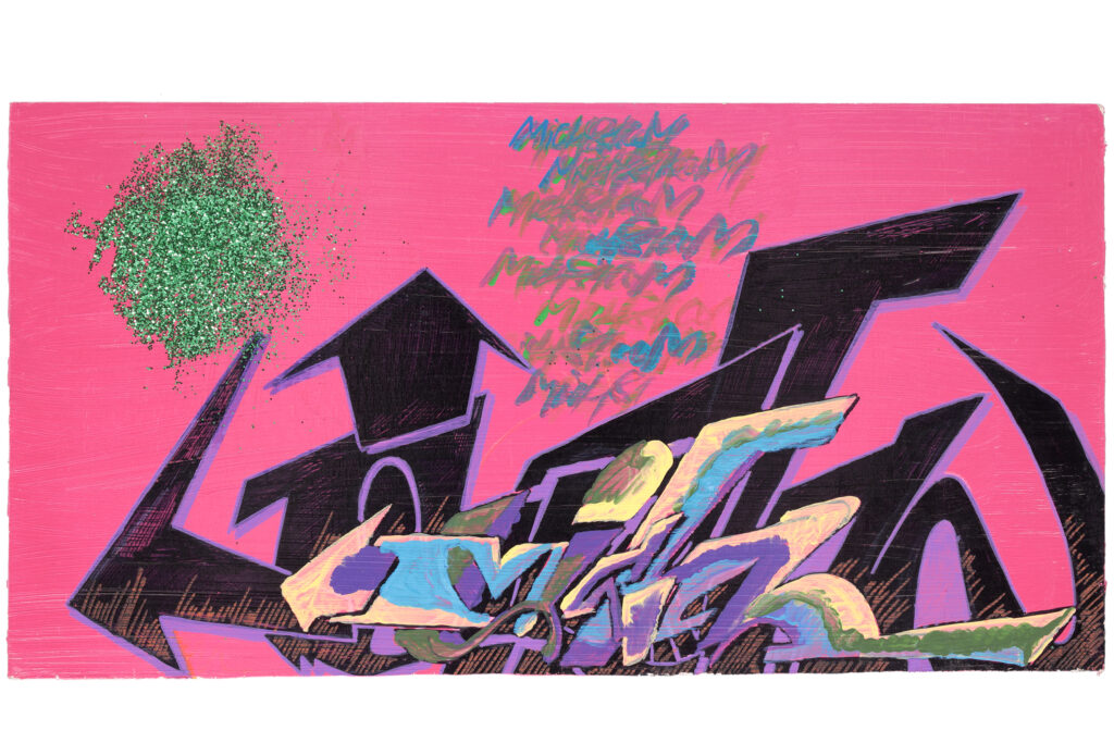 Opera di street art del 2002 con lettering nero e interventi pittorici su fondo rosa acceso.