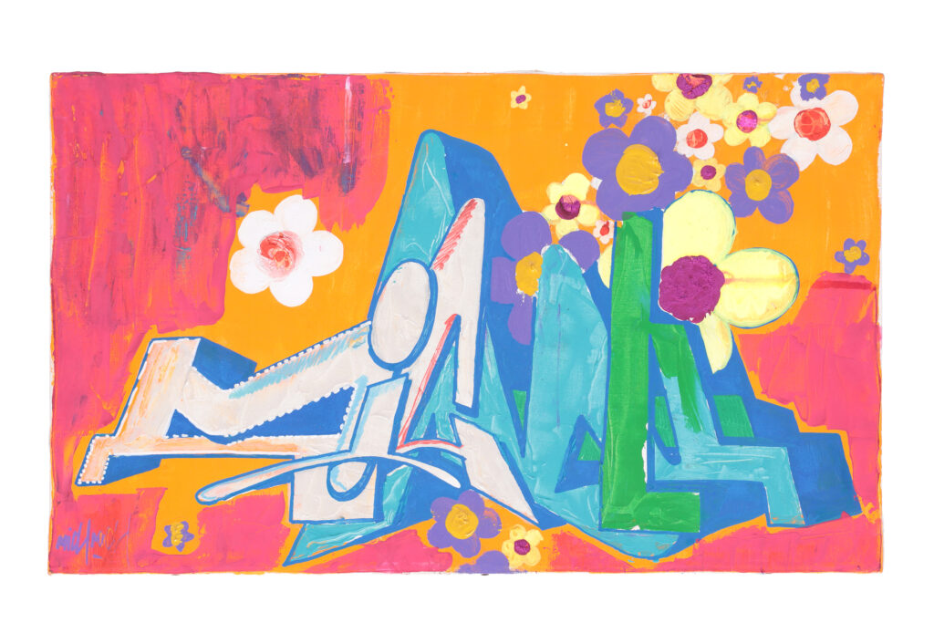 Quadro di street art del 2002 con lettering astratto e composizione orizzontale su fondo arancione.