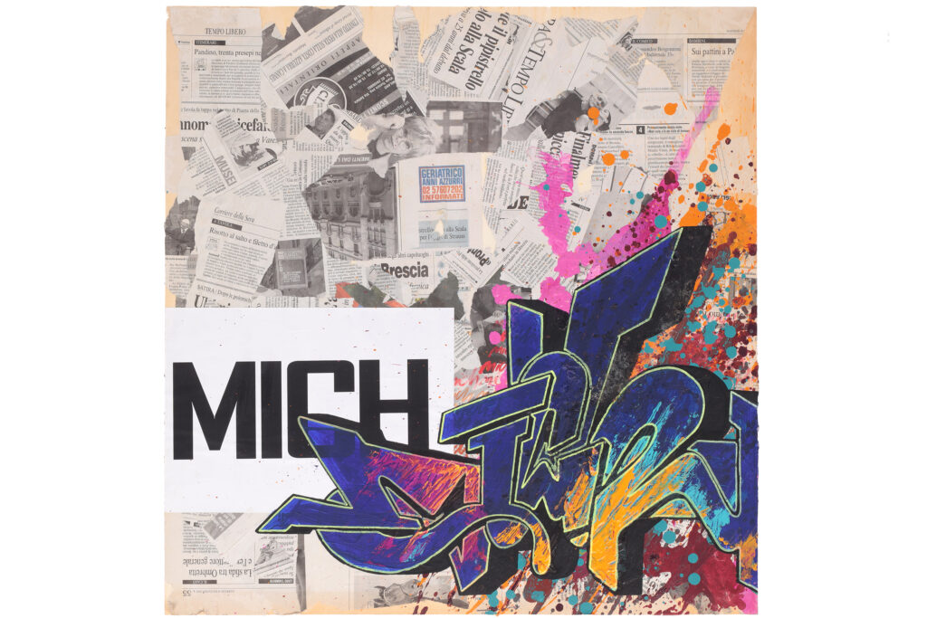 Opera di street art del 2003 con collage, lettering e schizzi di colore.