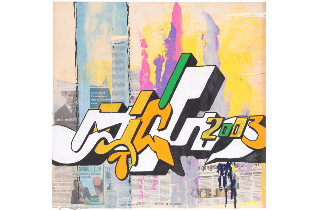 Quadro di street art del 2003 con collage fotografico e interventi pittorici.