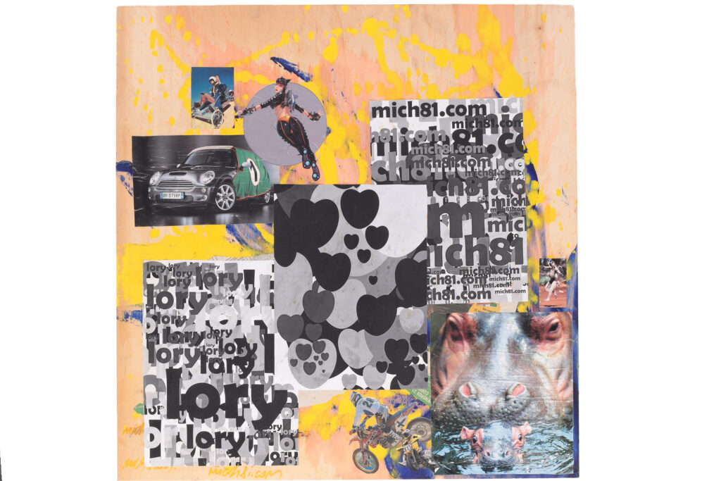 Opera di street art del 2003 con collage, pattern grafici e colori accesi.