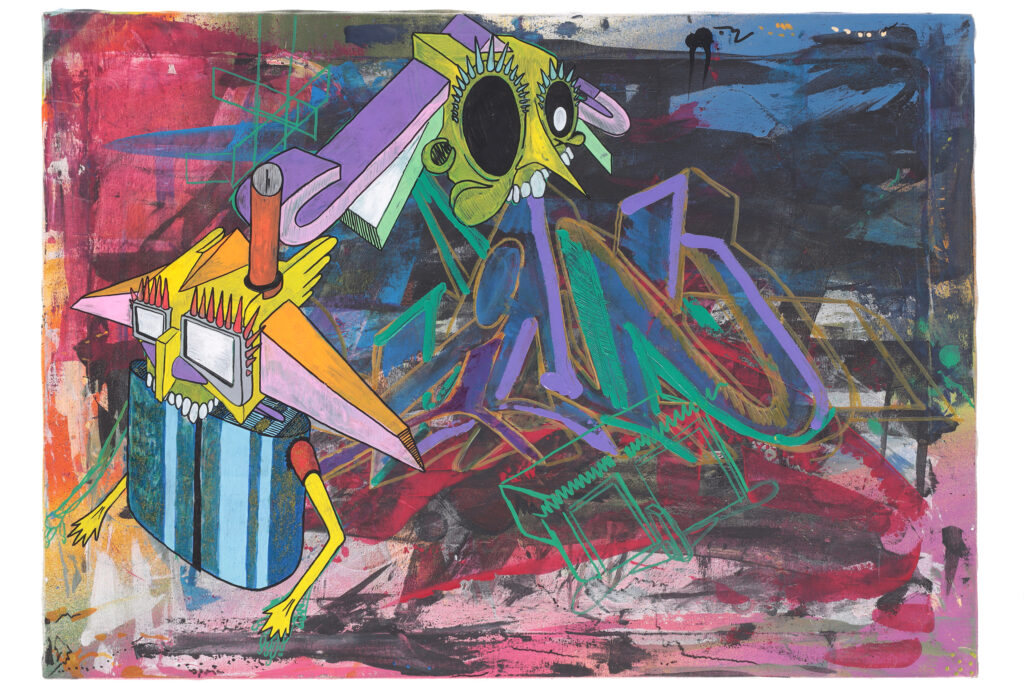 Quadro di street art del 2003 con personaggi surreali, lettering e fondo pittorico stratificato.