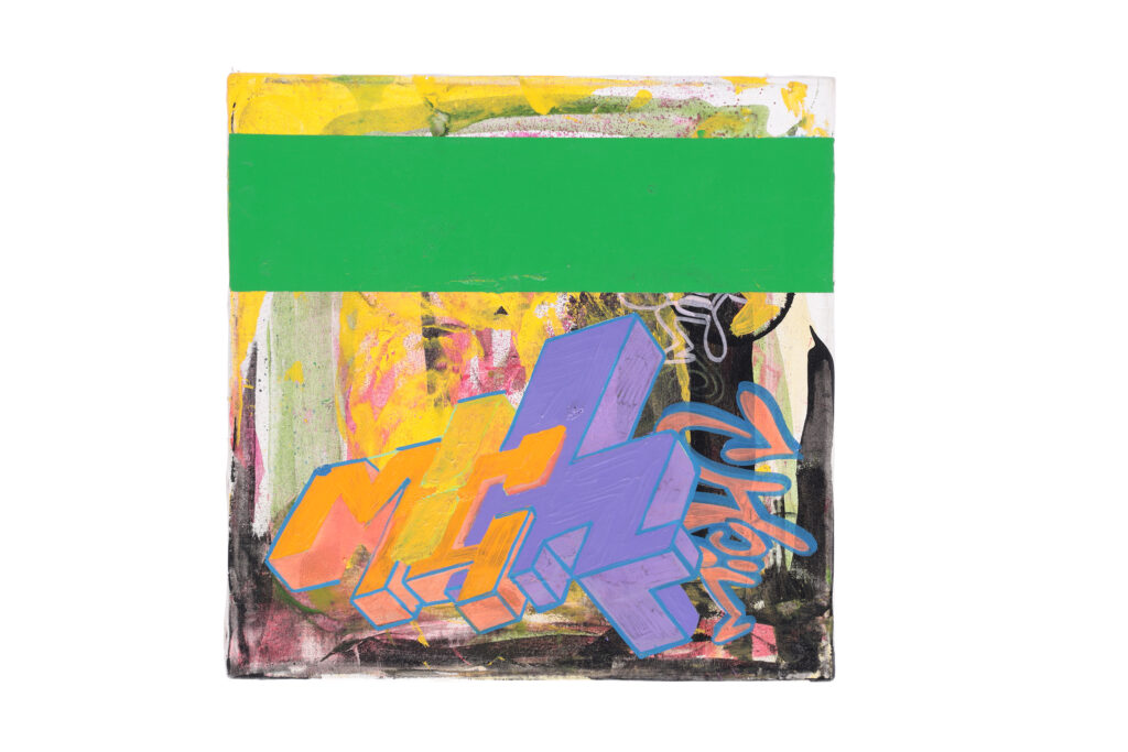 Opera di street art del 2003 con lettering tridimensionale e fascia cromatica verde.