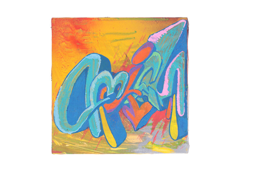 Quadro di street art del 2001 con lettering graffiti colorato su fondo caldo giallo e arancione.