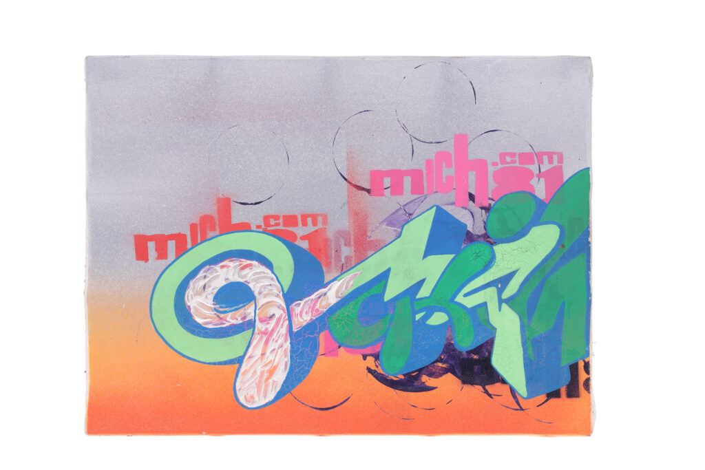 Quadro di street art del 2003 con lettering fluido verde e blu su fondo sfumato.