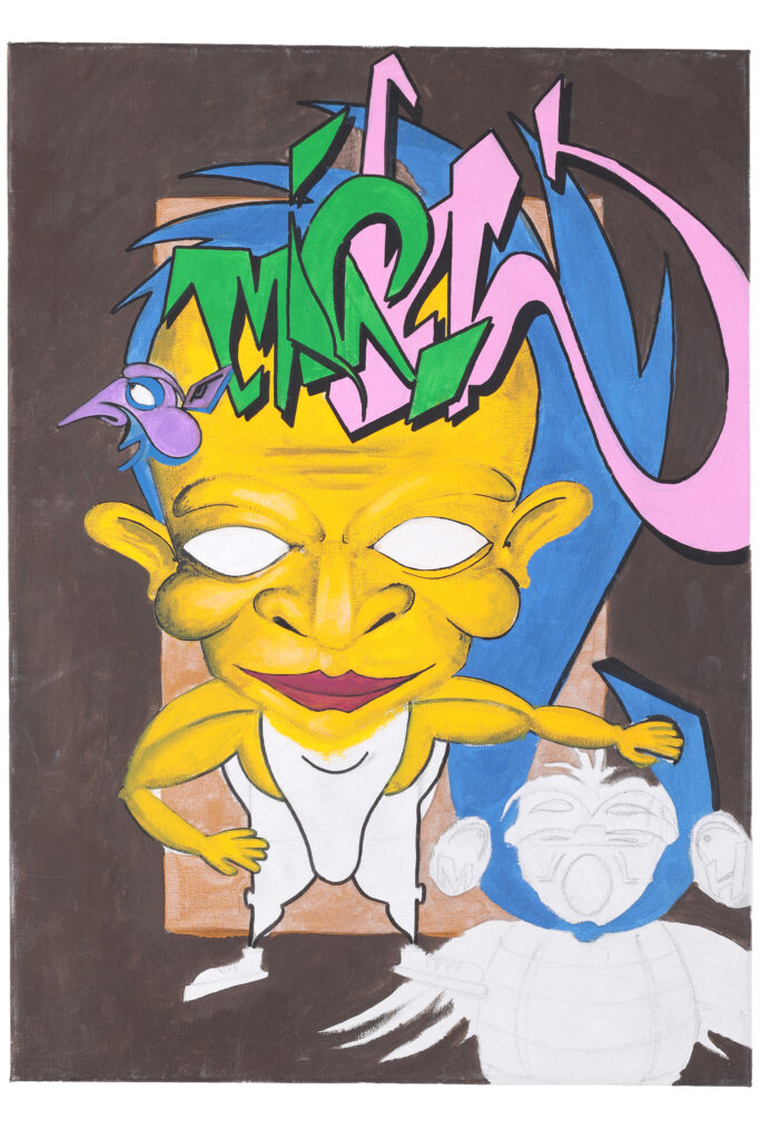 Opera di street art del 2003 con personaggio illustrato e lettering su fondo scuro.