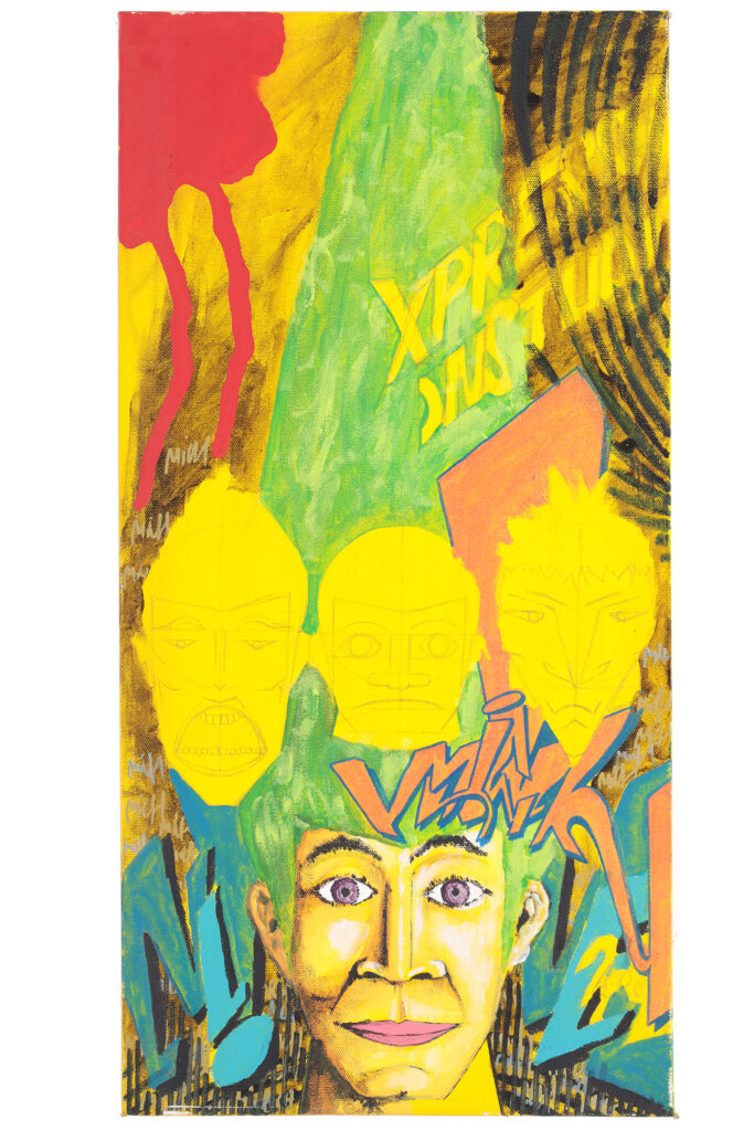 Quadro di street art del 2003 con volti stilizzati e lettering su fondo giallo e verde.