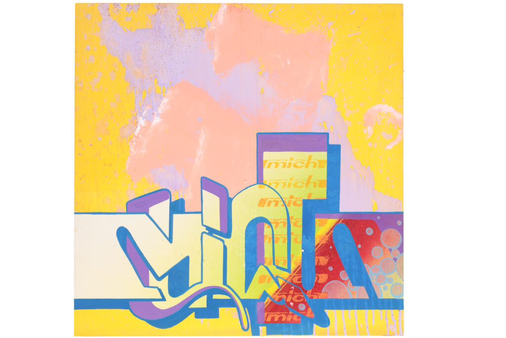 Opera di street art del 2003 con lettering geometrico e colori pastello su fondo chiaro.