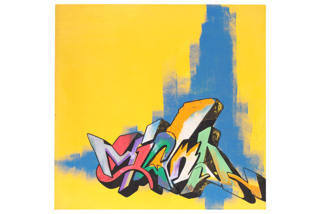 Quadro di street art del 2003 con lettering tridimensionale su fondo giallo acceso.