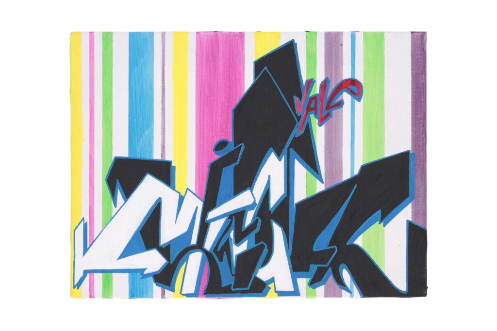 Quadro street art astratto del 2008 con lettering bilanciato e composizione armonica