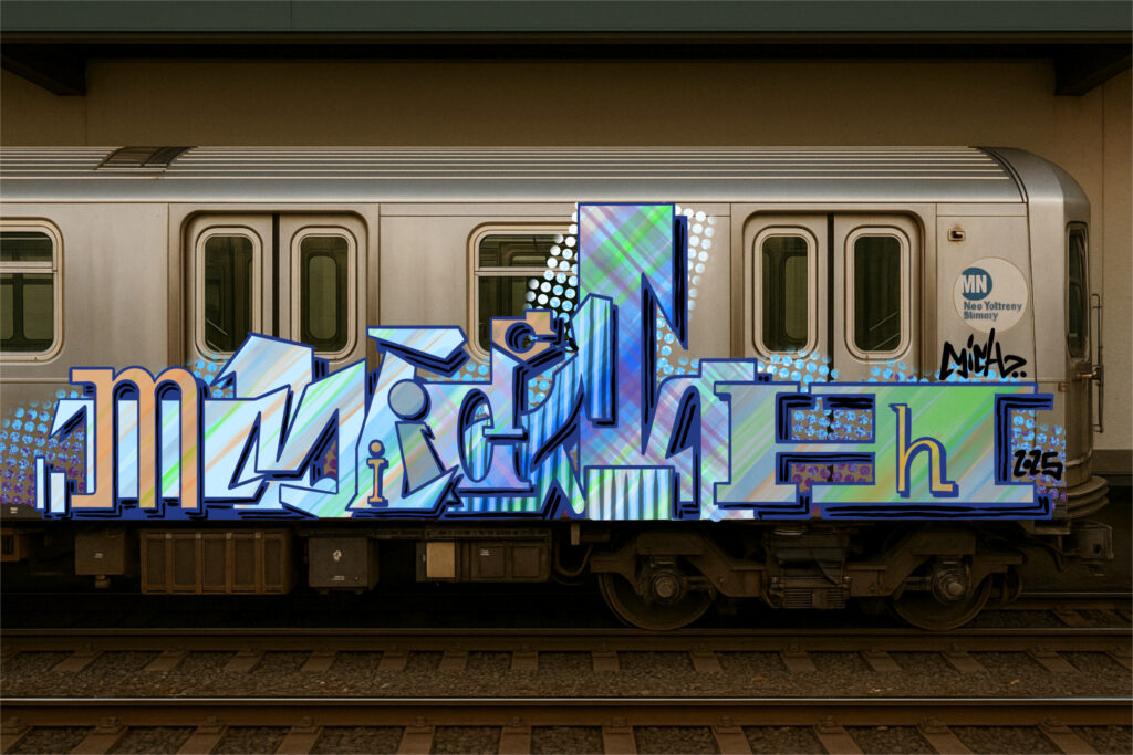 Graffiti su treno metropolitano in stile street art digitale, opera di Mich81