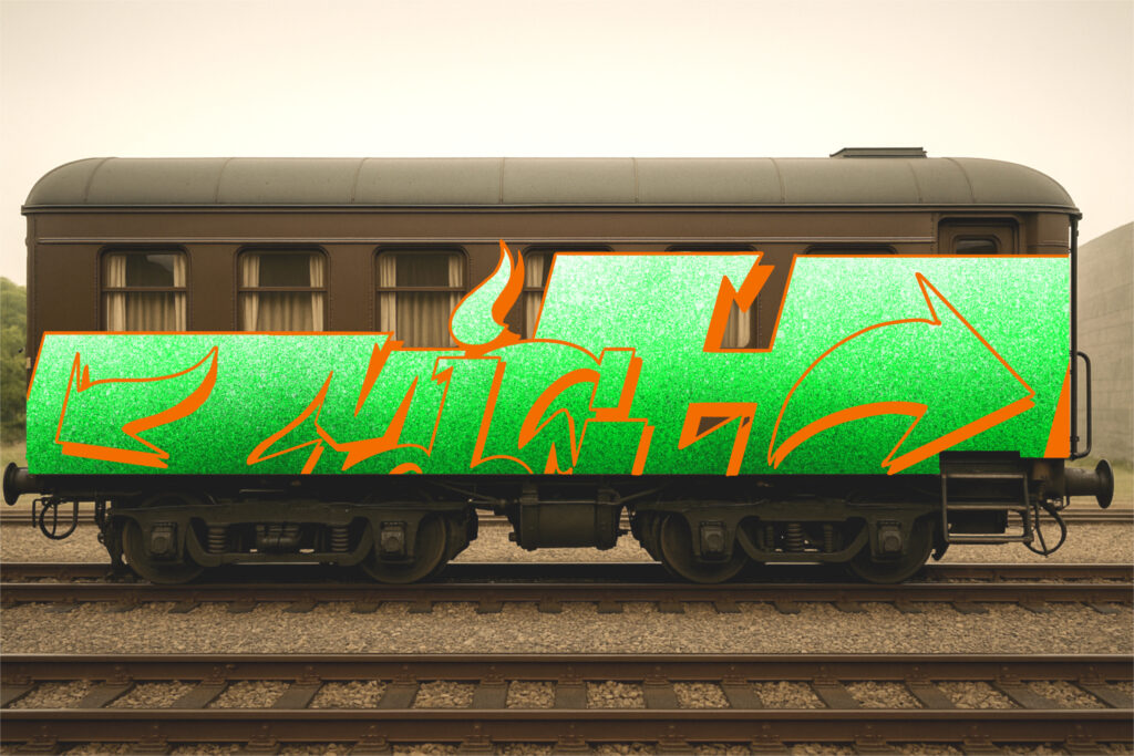 Graffiti verde digitale su vagone ferroviario vintage, opera di Mich81