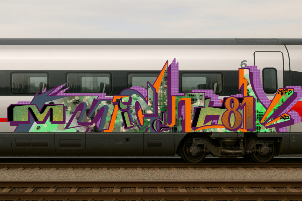 Graffiti digitale astratto su treno moderno con lettering di Mich81