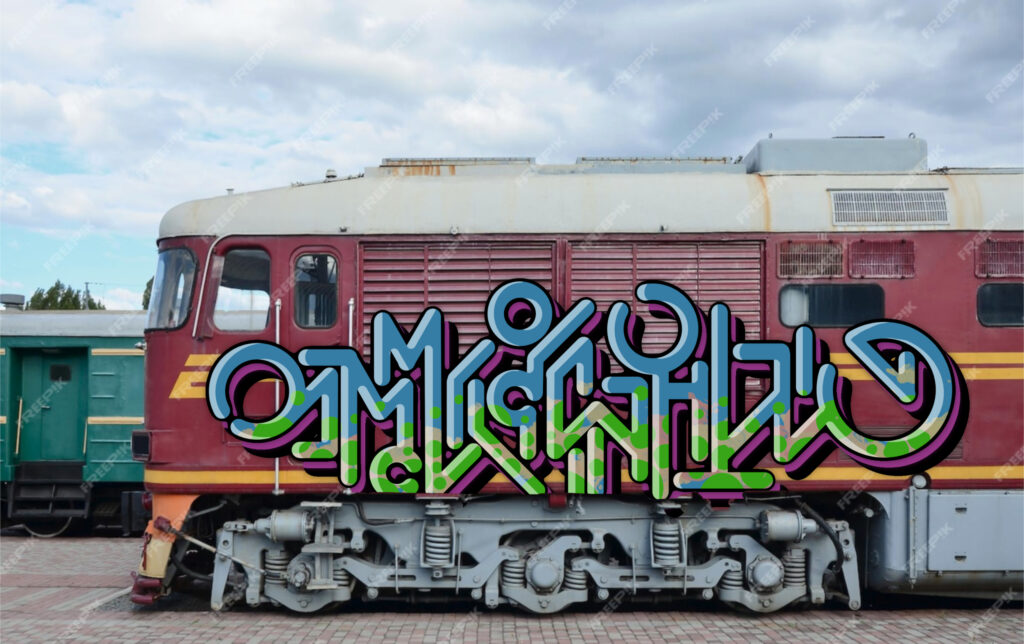 Graffiti digitale su locomotiva storica con lettering stilizzato di Mich81