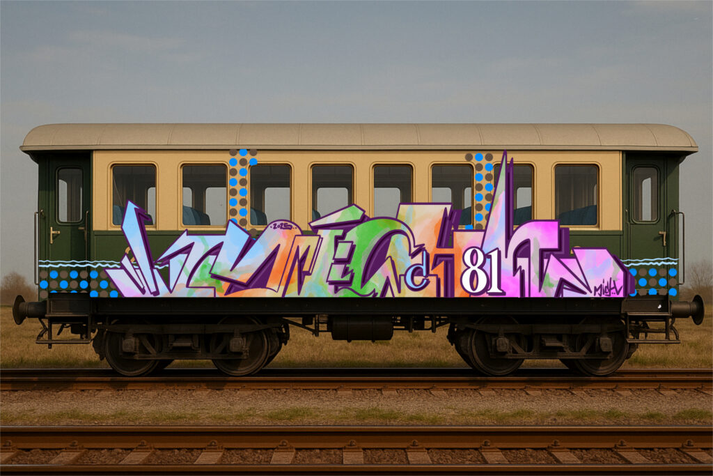 Graffiti digitale su carrozza ferroviaria storica con lettering di Mich81