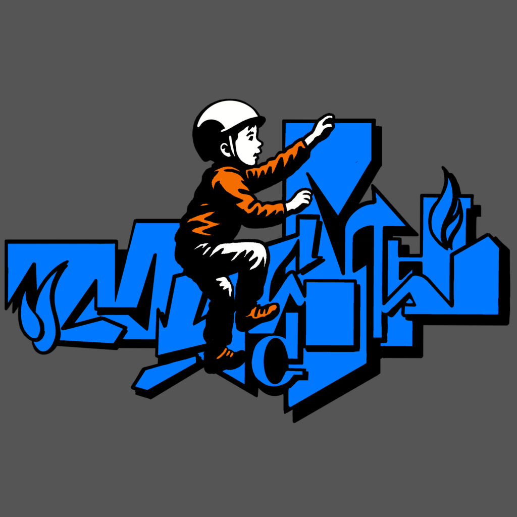 Disegno stencil art con bambino che si arrampica sul lettering