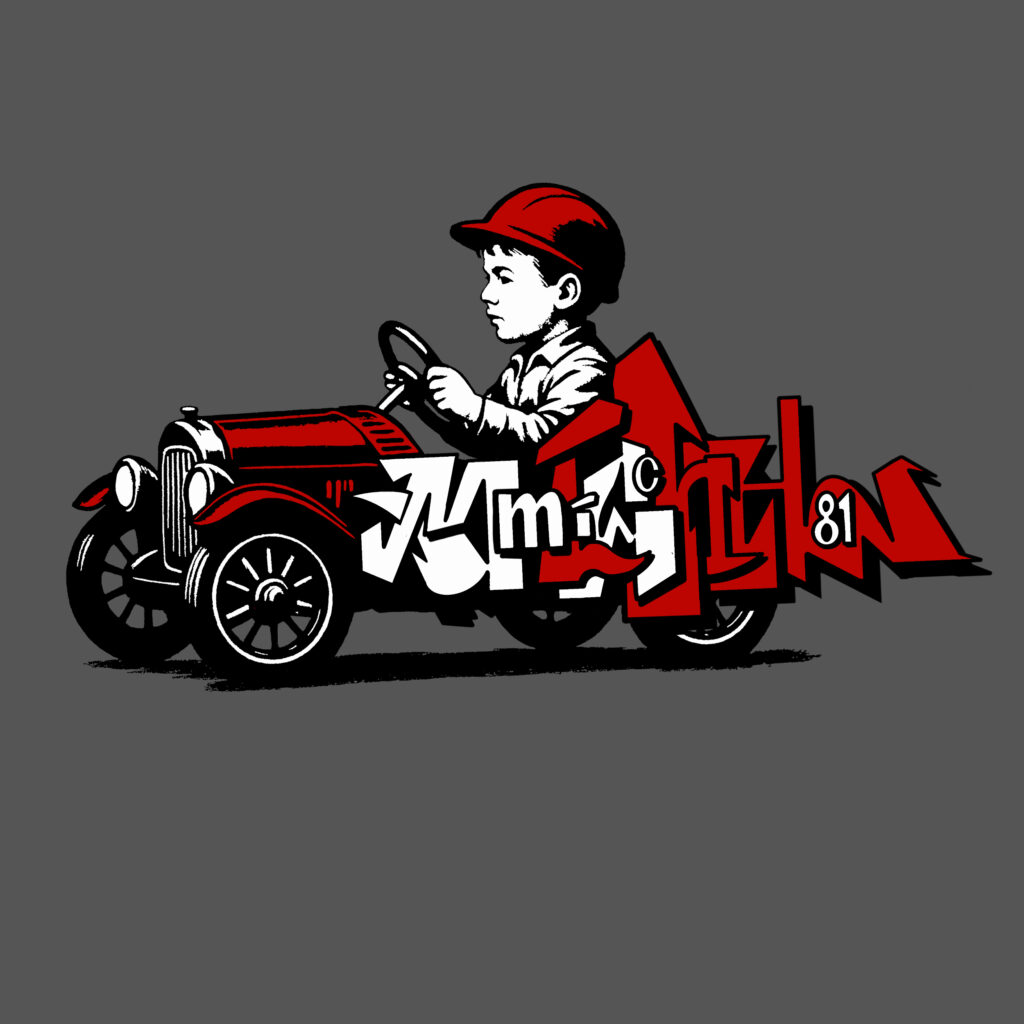 Disegno preparatorio stencil con bambino su veicolo stilizzato e lettering