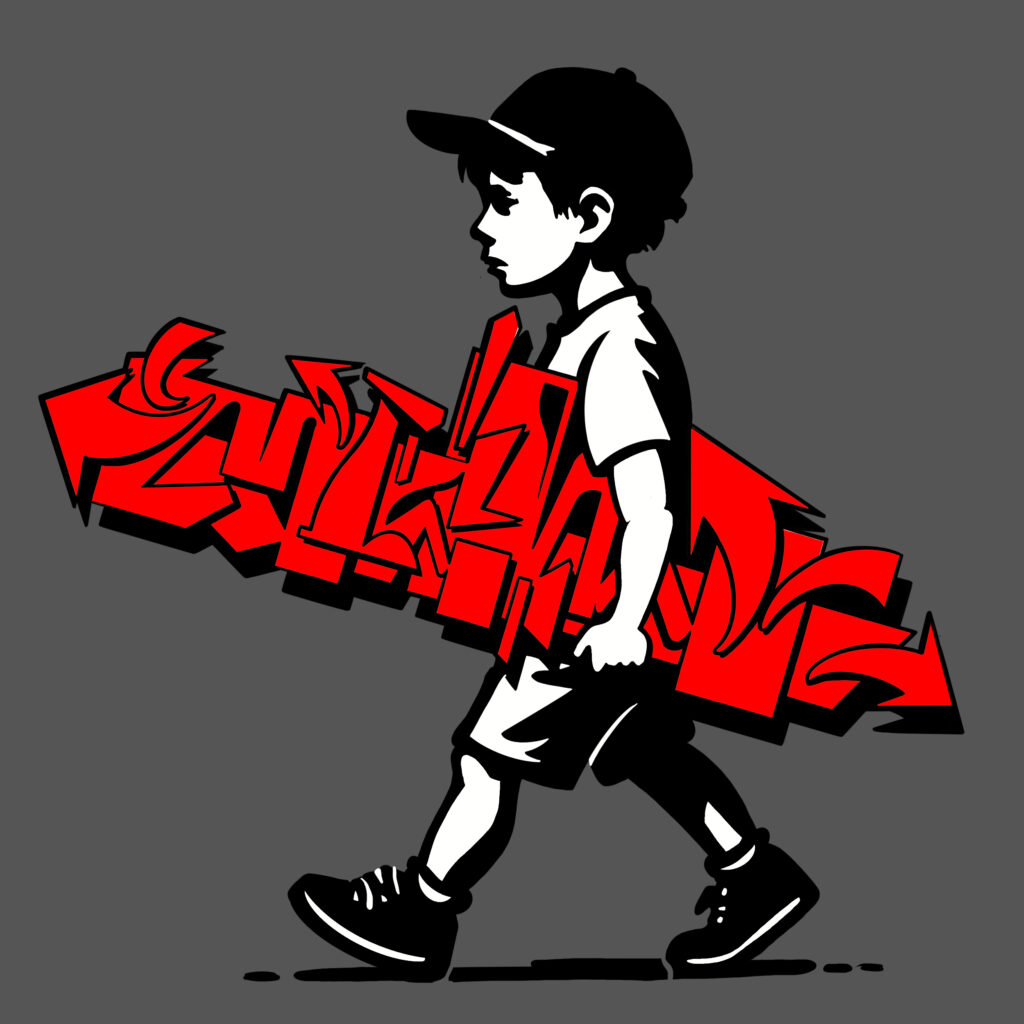 Disegno stencil art con bambino che trasporta il lettering